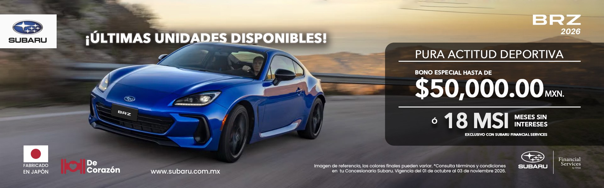 Subaru BRZ 2026, últimas unidades: bono especial de hasta $50,000 o 18 meses sin intereses con Subaru Financial Services