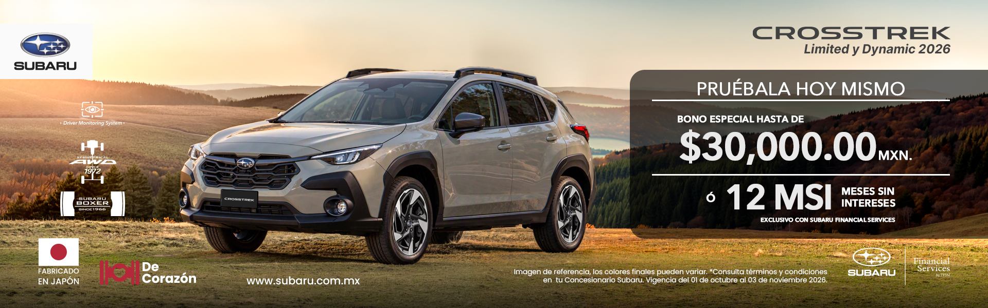 Subaru Crosstrek Limited y Dynamic 2026: bono especial de hasta $30,000 o 12 meses sin intereses con Subaru Financial Services