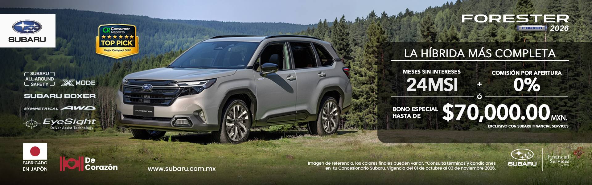 Subaru Forester e-Boxer 2026: 24 meses sin intereses y 0% de comisión por apertura, o bono especial de hasta $70,000