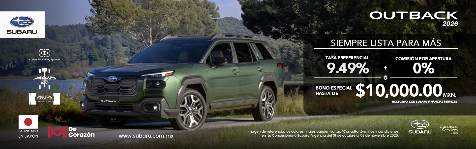 Subaru Outback 2026: tasa preferencial de 9.49% y 0% de comisión por apertura, o bono especial de hasta $10,000