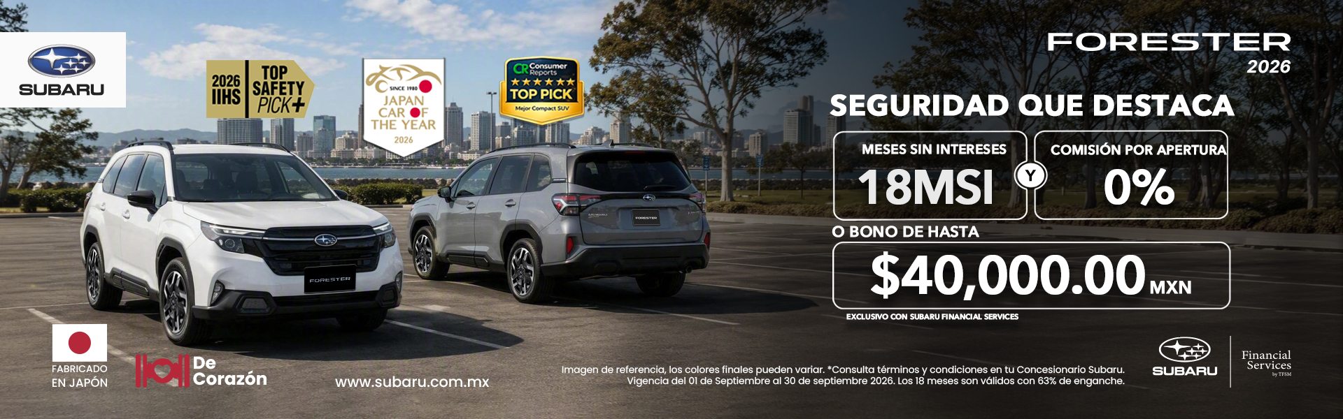 Subaru Forester 2026: 18 meses sin intereses y 0% de comisión por apertura, o bono de hasta $40,000