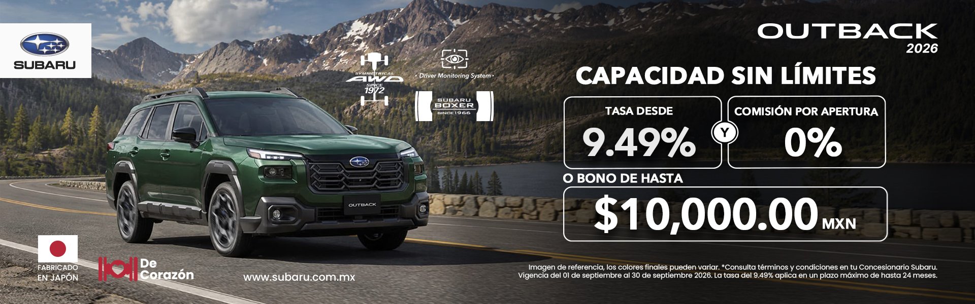Subaru Outback 2026: tasa desde 9.49% y 0% de comisión por apertura, o bono de hasta $10,000